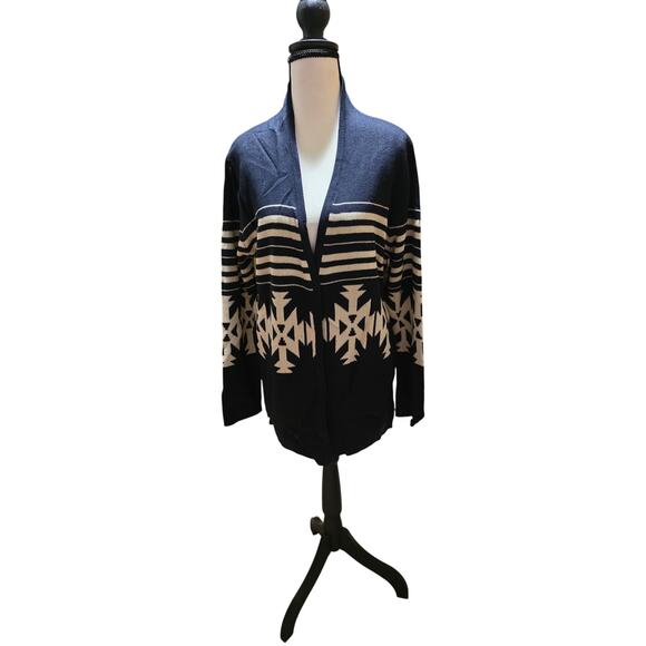 Super Line Southwestern Geometric Cardigan – Navy Blue – Open Front Sweater (M) - Picture 1 of 5